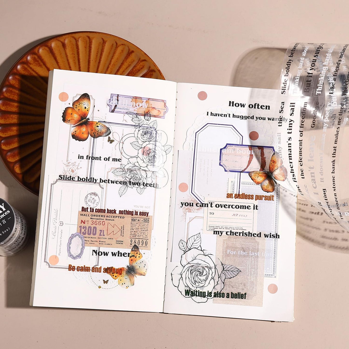 6PCS Sentence PET Tapes, Aesthetic Pre-Cut Ephemera for Journaling, Scrapbooking, and Junk Journals, with Decorative Clip