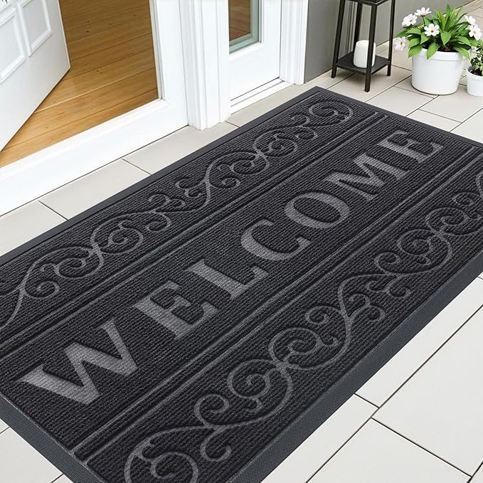 OLANLY Welcome Door Mat Indoor Outdoor Entrance, Heavy Duty Sturdy Front Door Mat, Waterproof All-Weather Doormat, Stain Resistant, Low Profile, Easy Clean Patio Entryway Mat, 47 x 24, Black