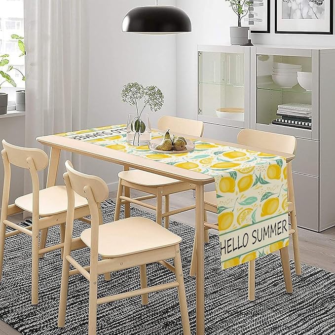 Spring Yellow Lemon Table Runner, Hello Summer Seasonal Exotic Fresh Fruits Plants Branch Leaves Print Table Cover for Farmhouse Kitchen Table Party Decor, 13x120inch