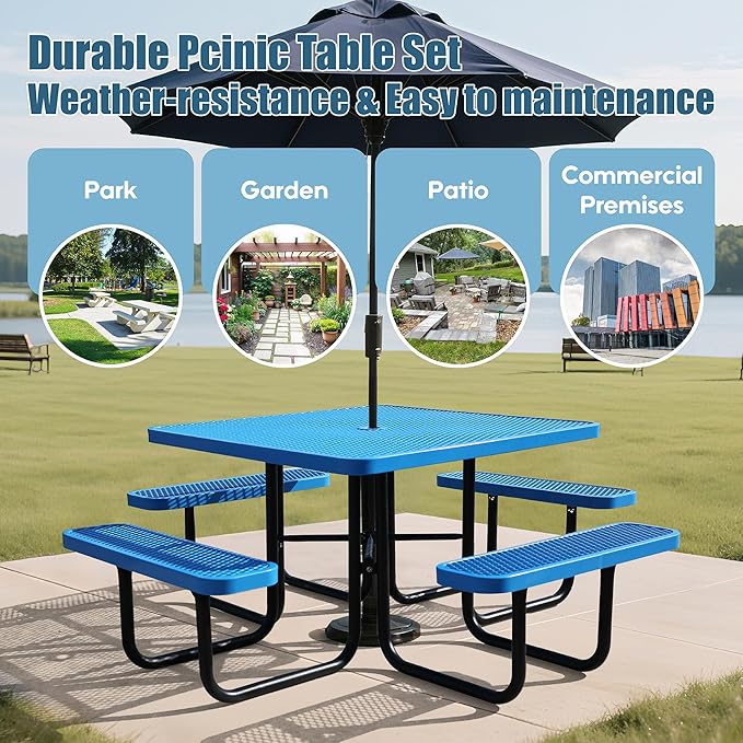 46'' Square Picnic Table for Outdoors, Commercial Steel Metal Picnic Tables, Heavy Duty Sturdy Picnic Tables Furniture Set for Patio Garden Courtyard BBQ, with Umbrella Hole, Blue
