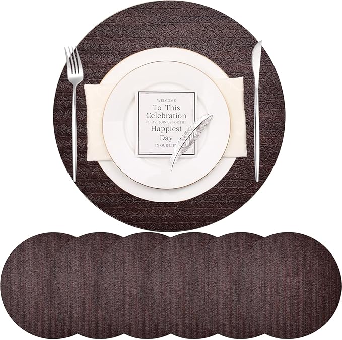 PIGCHCY Round 15" Water-Resistant Placemats Set of 6, Premium Faux Leather Placemats PVC Easy Clean Table Mats for Hotels Outdoor Dining, Wedding Decor (Brown)