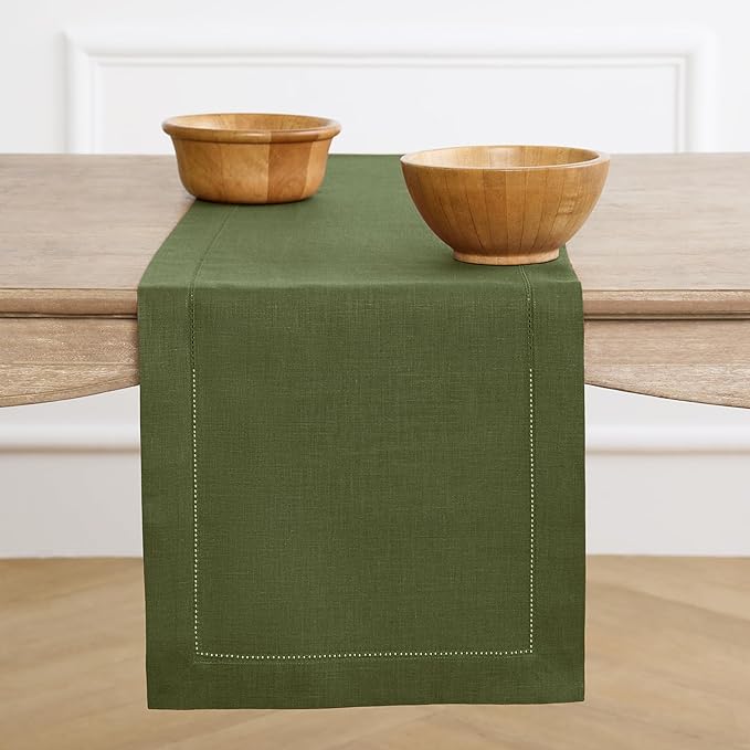Solino Home Olive Linen Table Runner 156 Inches Long - 100% Pure Linen Classic Hemstitch Table Runner 14 x 156 Inch for Wedding, Parties