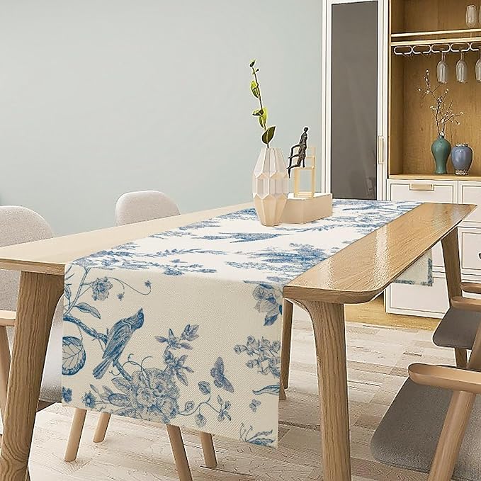 Spring Flower Table Runner, Farmhouse Vintage Blue White Floral Bird Print Table Runner for Kitchen Dining Table Party Wedding Decor, 13x36inch