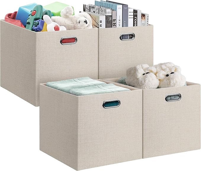 Posprica 13x15x13in Collapsible Storage Bins, Fabric Foldable Cube Storage Boxes, Decorative Storage Baskets Organizer for IKEA Kallax, Shelves, Closet, Clothes, Toy, Set of 4-Beige
