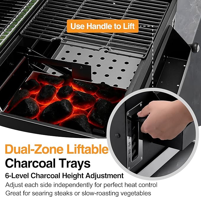 29 In Built-in Barbecue Grill, Charcoal bbq Grills with Liftable Tray, Insulated Hood & Temperature Gauge, Stainless Steel BBQ Barrel for Outdoor Kitchen, Camping, and Park – Black