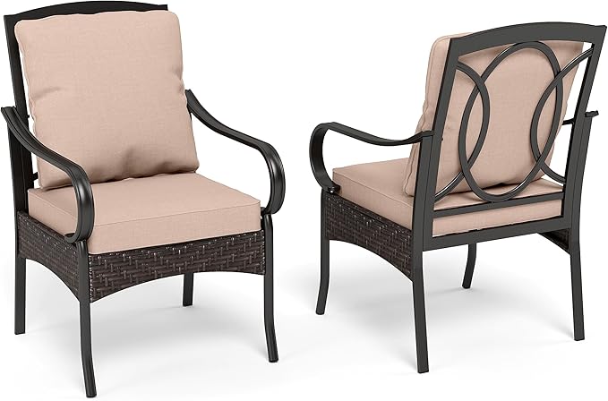 PHI VILLA Patio Chairs Set of 2, Heavy Duty Outdoor Metal Wicker Dining Chair with Thick Cushions, Large All Weather Wrought Iron Deck Chair for Outisde, Porch Backyard, Support 300lbs