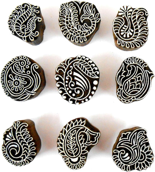 Crafts of India Stylish Paisley Wooden Blocks for Stamping, Block Printing on Textiles, Pottery Crafts,Henna, Scrapbooking, Wall Painting (Set of 9)