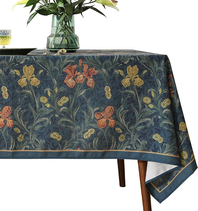 patdrea Designer Dark Blue Linen Square Tablecloth,Vintage French Rustic Floral Pattern Tablecloths,Decorative Table Cover Cloth for Kitchen,Dining,Tea Party,Home,Christmas,67"*67"