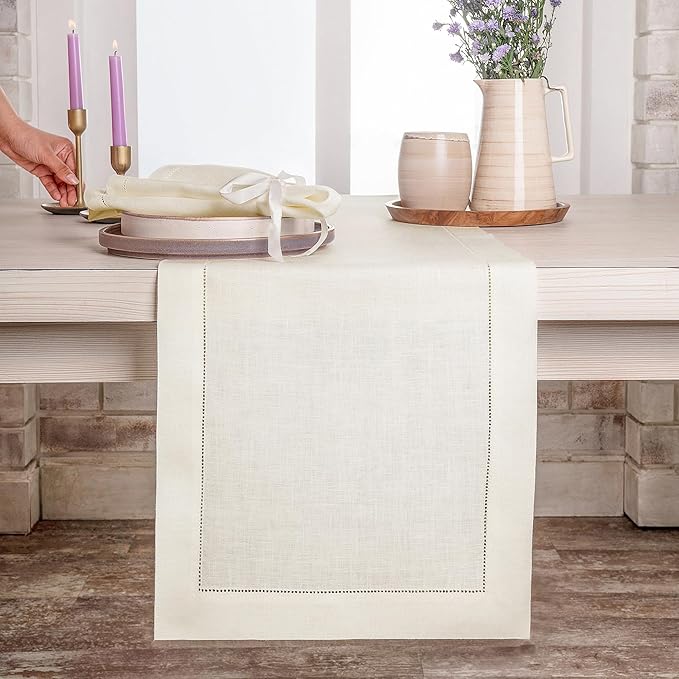 D'Moksha Homes Linen Ivory Table Runner 90 Inches Long - Classic Hemstitch 100% Pure Linen Dining Table Runner 14 x 90 Inch for Valentines, Spring, Easter