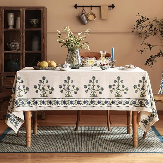 patdrea Designer Linen Vintage Blue Rectangle Tablecloth,Leaves Pattern Anti-Wrinkle Floral Extra Long Table Cloth,French Table Cover for Kitchen Dining,Thanksgiving,Party,63"x110"-Ivar B