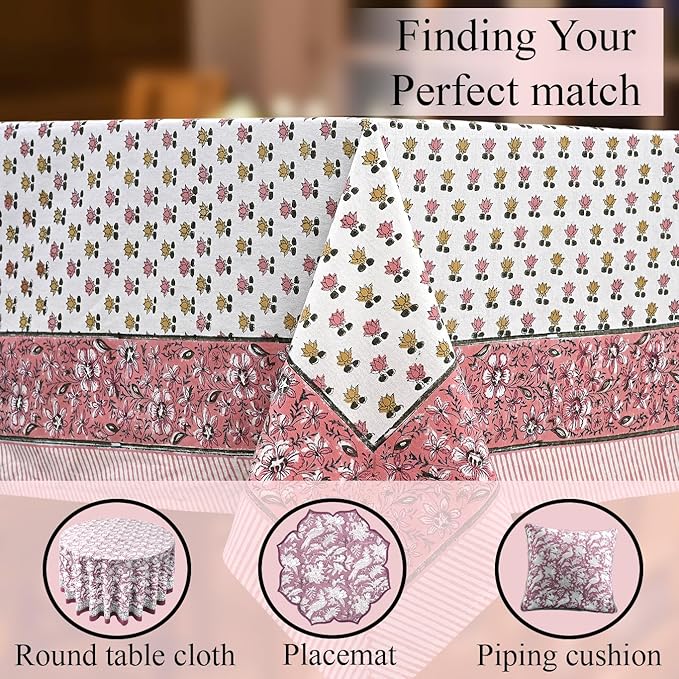 CPC Rosette Bloom Tablecloth 100% Cotton 72x140 Inch Indian Block Print Rectangle Table Cover, Table Cloth for Gifting in Weddings, Halloween, Fall, Christmas, Thanksgiving