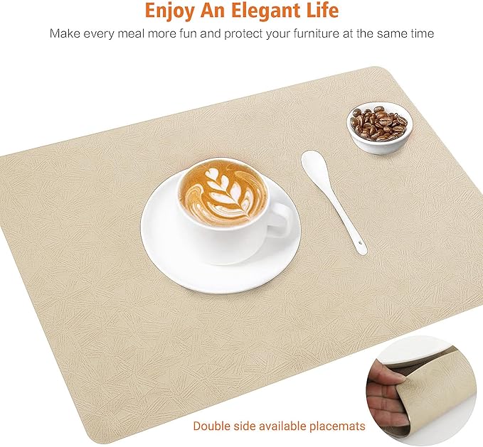 Vinyl Placemats Set of 12 Heat Resistant Easy Clean Non-Slip Place Mats for Dining Table. Faux Leather Waterproof Stain Resistant Wipeable Washable PU Table Mats(12, Beige)