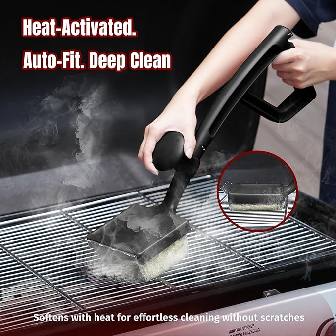 SHINESTAR Steam Grill Brush Bristle Free - Replaceable Cleaning Head with Unique Seamless-Fit Scraper, Durable Safe BBQ Cleaner for Cast Iron, Stainless-Steel & Various Grill Grate Types-Black