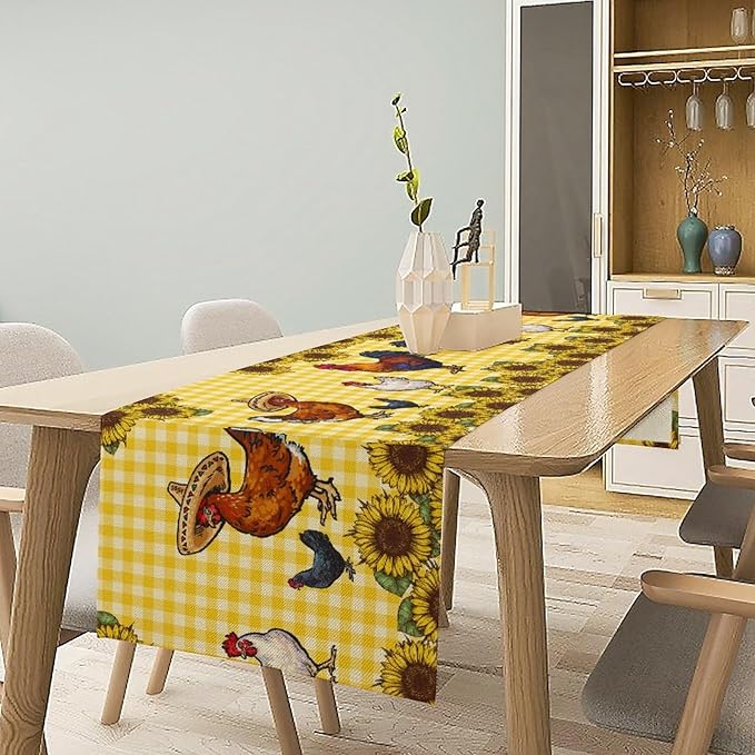 Farm Rooster Table Runner, Retro Western Farmhouse Chicken Sunflower Retro Yellow Buffalo Grid Print Table Runner for Dinning Holiday Party Indoor Outdoor Decor, 13x108inch