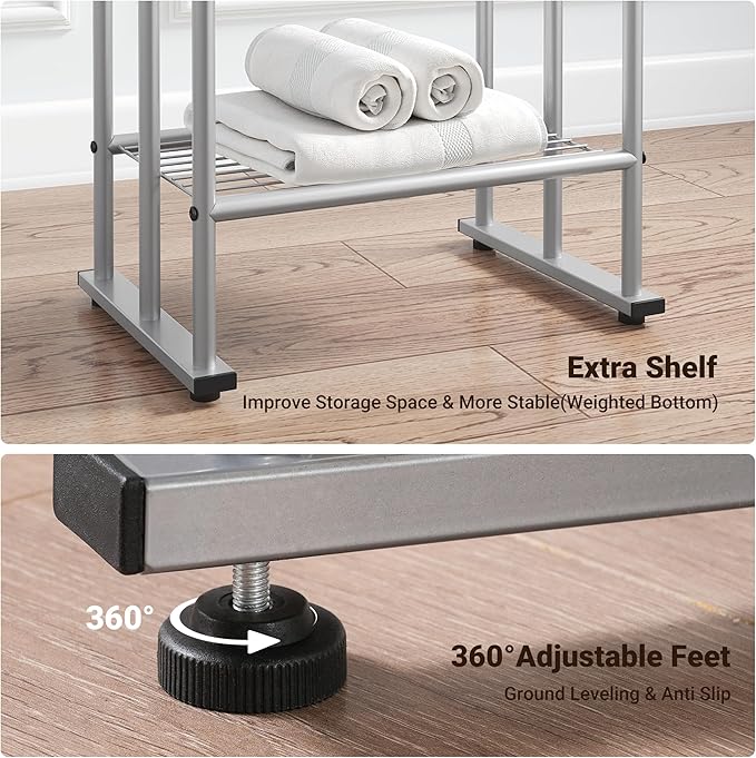 ELYKEN 3 Tier Standing Towel Rack, 40'' Tall Towel Drying Rack Outdoor, Freestanding Floor Towel Rack with Shelf, Pool Towel Blanket Stand, Metal Towel Racks for Bathroom freestanding, Smooth Silver