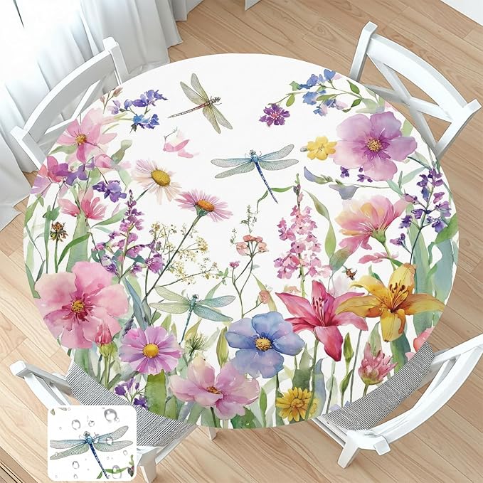Spring Summer Floral Round Fitted Tablecloth with Elastic Wildflower Dragonfly Circle Table Cloth for 40-44" Tables Farmhouse Easter Flowers Stretch Waterproof Table Cover for Picnic Outdoor Dining