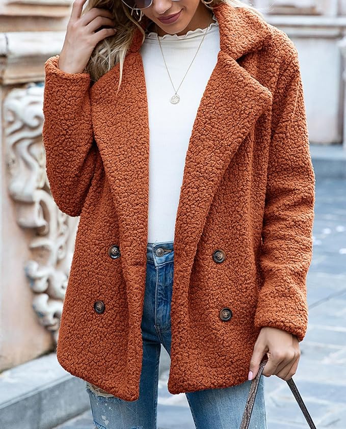 Women's Winter Warm Plush Cardigan Fuzzy Fleece Lapel Jacket with Buttons Pockets Long Sleeve Casual Outerwear