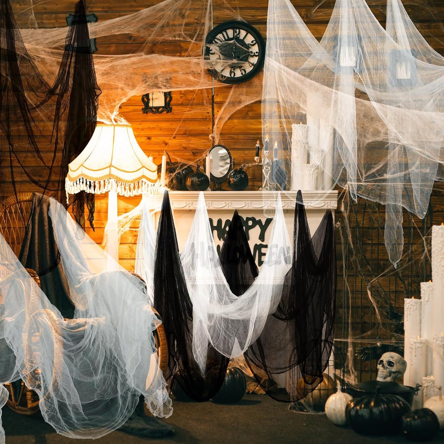 Boao Halloween Cheese cloth 27.56 x 295.28 Inch White Black Cheesecloth Roll for Crafts Large Cotton Muslin Gauze Fabric for Halloween Outdoor & Indoor Spooky Decoration