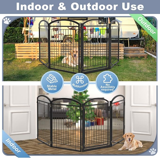 Full Metal Free Standing Dog Gate with Door for Outdoor Indoor,96'' Extra Wide 36'' Tall Dog Gates for Doorways,Large Openings,Decks,Porch,Freestanding Portable Pet Fence(4 Panels,Black)