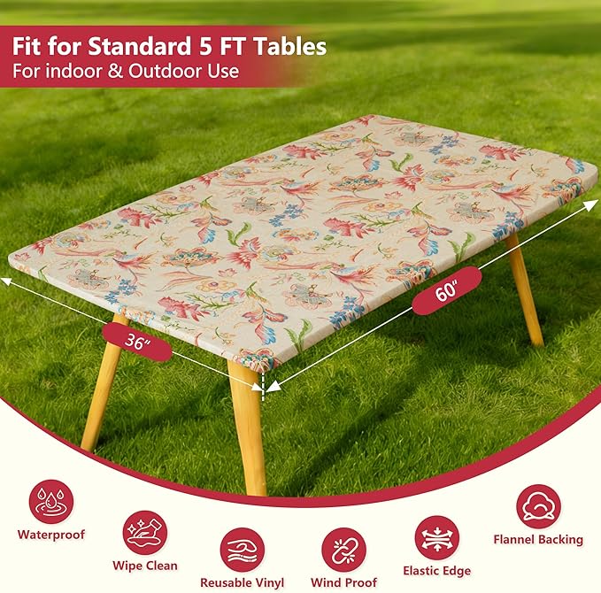 Rectangle Picnic Table Cloth, Elastic Waterproof Fitted Vinyl Tablecloths for 5 Foot Tables, Wipeable Flannel Backed Table Covers for Dining, Camping, Outdoor(Songbird,36"x60")