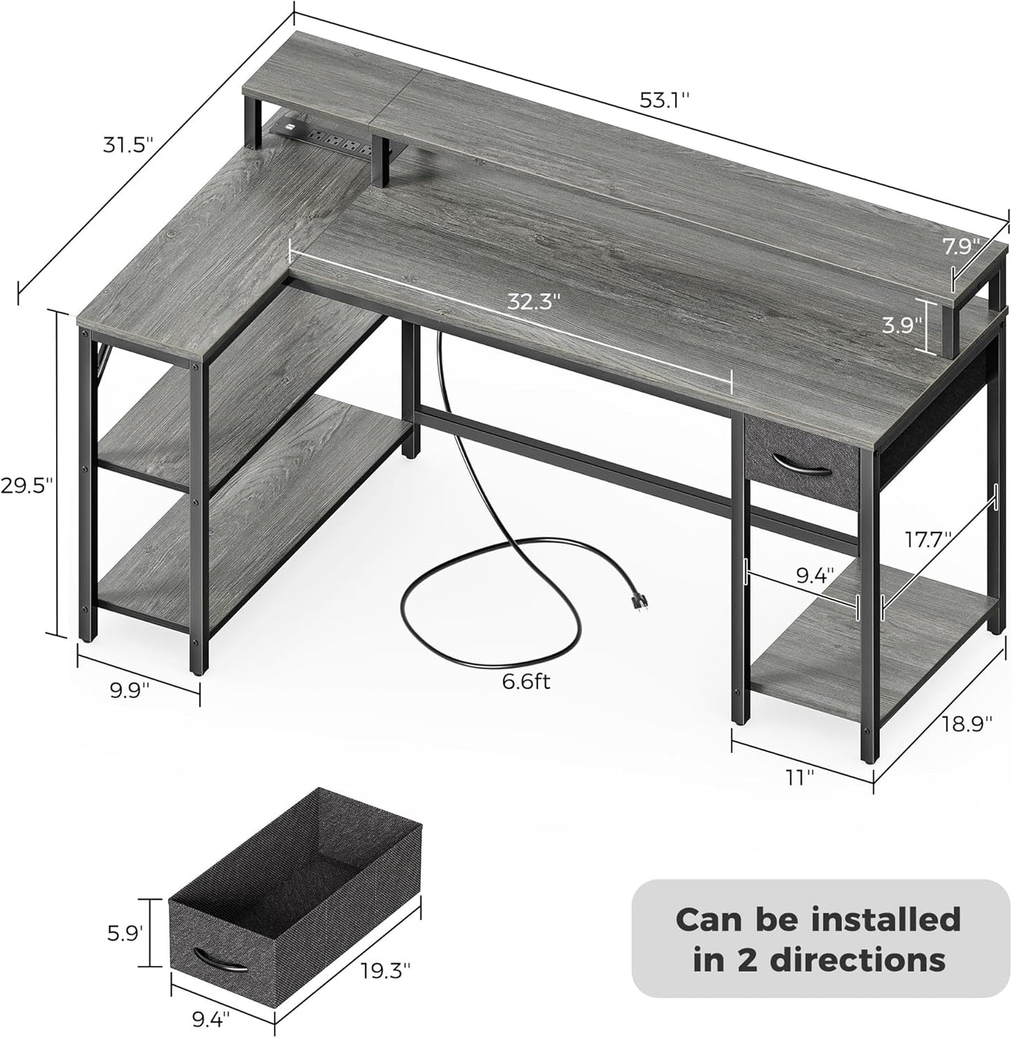 SUPERJARE 53 inch Reversible L Shaped Desk with LED Lights & Power Outlets, Computer Desk with Shelves & Monitor Stand, Gaming Desk with Drawer, Home Office Desk Corner Desk, Grey