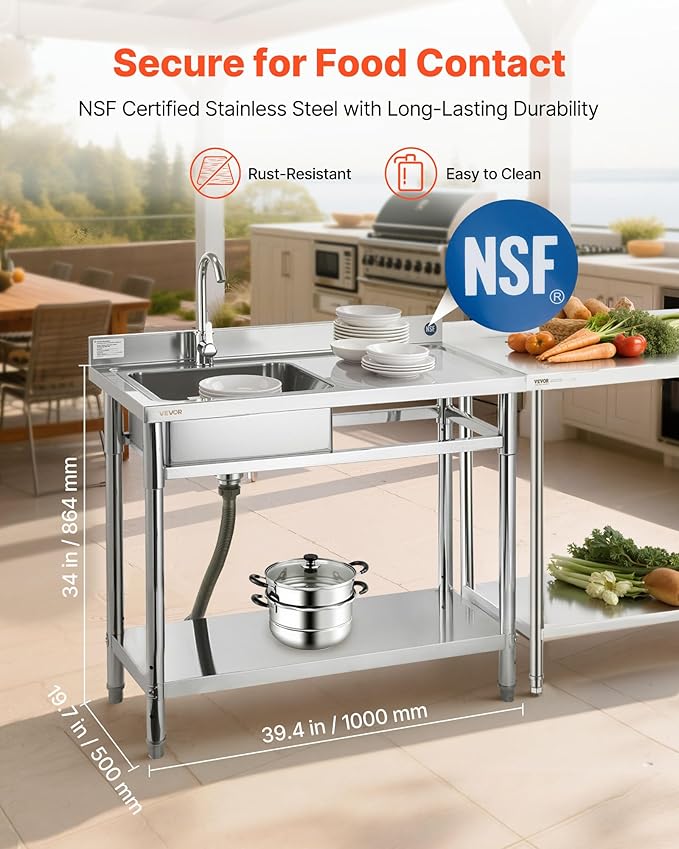 VEVOR Stainless Steel Utility Sink, Free Standing Single Bowl Commercial Kitchen Sink with Faucet, 39.4 x 19.7 x 37 in, Utility Right Basin with Hot & Cold Water Pipe for Garage, Restaurant, Laundry