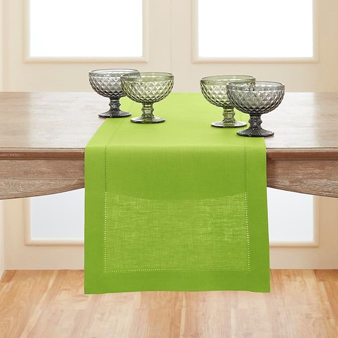 Solino Home Linen Table Runner 120 Inches Long - 100% Pure Linen Lime Green Table Runner 14 x 120 Inch for Spring, Easter, St Patricks Day - Classic Hemstitch