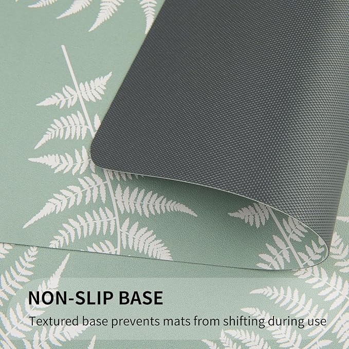 QIYI Placemats Set of 4, 12x18 Inch Faux Leather Place Mats for Kitchen Dinning, Heat Resistant Anti Slip Green White Table Mats, Waterproof Wipeable Washable Placemat Party Table Décor, Fern Leaves