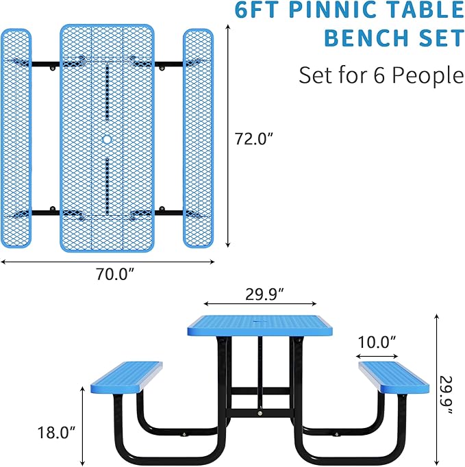 6FT Rectangular Metal Picnic Table for Outdoors, Commercial Steel Metal Picnic Tables, Heavy Duty Sturdy Picnic Tables Furniture Set for Patio Garden Courtyard BBQ, with Umbrella Hole, Blue