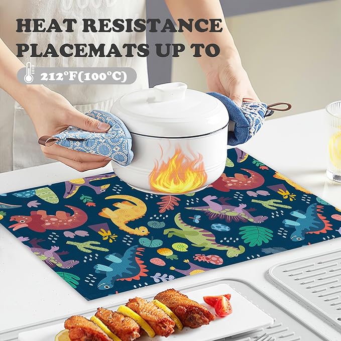 Dinosaur Placemats Set of 6,Cute Tropical Leaves Heat Resistant Table Mats Washable Place Mats for Party Kitchen Farmhouse Home Dining Holiday Decor 12x18 Inch
