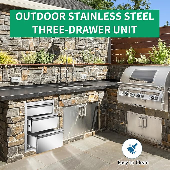 Outdoor Kitchen Drawers 18" W x 24" H x 23" D Stainless Steel Triple Drawers with Hidden Handle for BBQ Island, Patio Grill Station & Outdoor Kitchen Cabinets