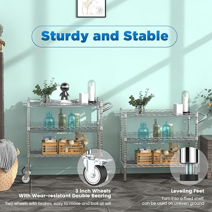 Leteuke 3 Tier Rolling Carts with Wheels, Heavy Duty Rolling Utility Cart,NSF Commercial Grade Metal Cart with Handle&Shelf Liner,Trolley Serving Cart for Kitchen,Restaurant,Plant Display,Chrome