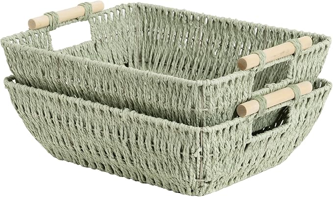StorageWorks Extra Large Wicker Storage Basket for Organizing with Wooden Handles, Toilet Paper Baskets for Shelf, Bosana Green, 2-Pack