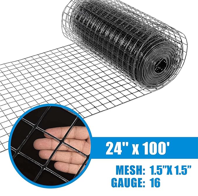 Fencer Wire 16 Gauge Hardware Cloth, Black Vinyl Coated Welded Wire Mesh, Chicken Coop Wire Fence, 1.5 inch x 1.5 inch Grid (2 ft. x 100 ft.)