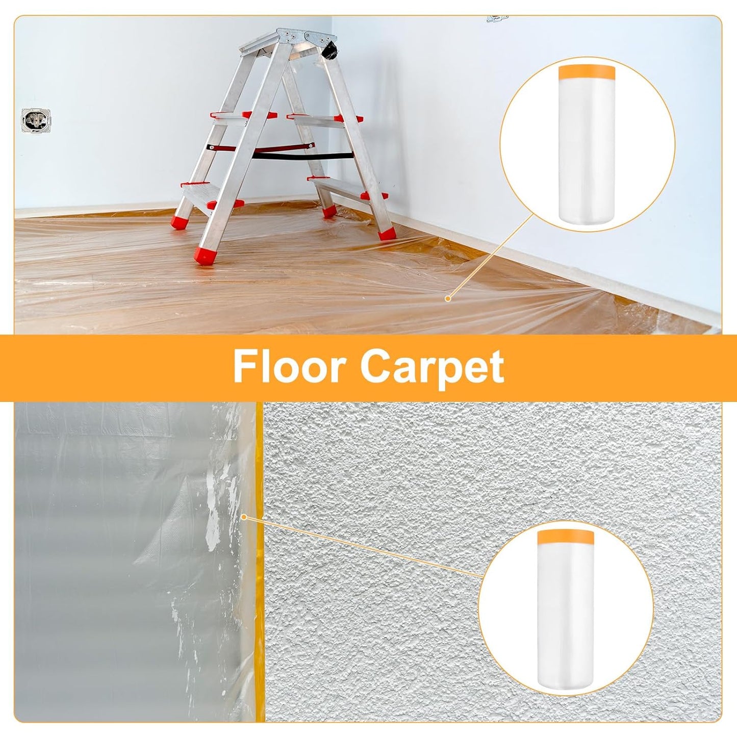 uxcell 2 Rolls Painters Plastic with Tape, 10 x 52 Ft Pre-Taped Masking Film Tape and Plastic Film Paint Plastic Covering Roll for Covering Skirting, Frames and Auto Body, Yellow/Clear