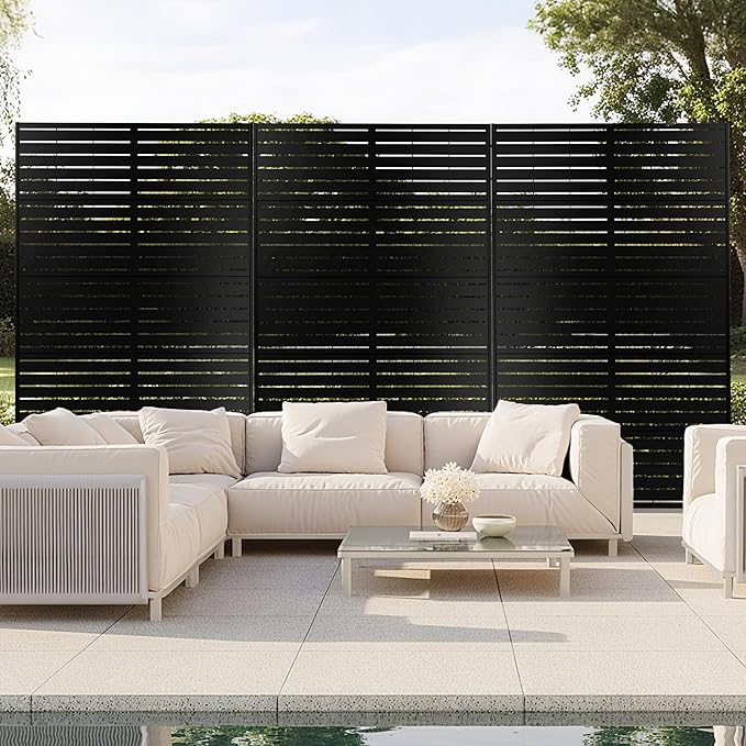 FENCY Metal Privacy Screen with Stand 72" H×44" W Outdoor Freestanding Privacy Panels, Outdoor Privacy Screen for Deck Patio Balcony(Black-Louvered)