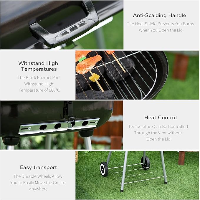 21 Inch Portable Charcoal Grill with Wheels and Bottom Shelf, Outdoor BBQ Smoker with Adjustable Lid Vents, Charcoal Barbecue for Picnic, Camping, Patio & Backyard