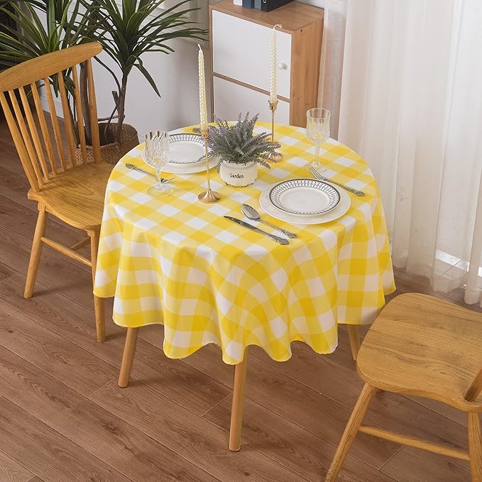 2 Pack Waterproof Polyester Fabic Round Checkered Tablecloth，60 Outdoor Table Cloth，Oil Stain Prevention Table Cloth for Pinics and Parties（Yellow and White）