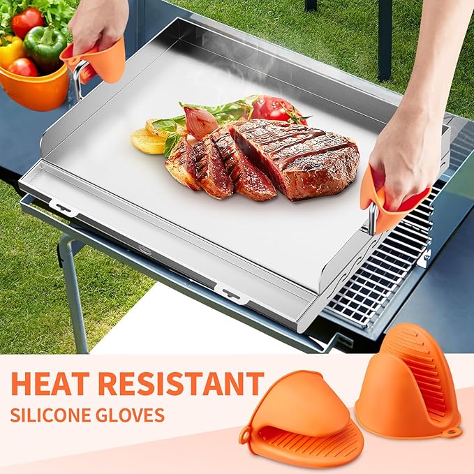 Stainless Steel Griddle for Gas Grill, 23" x 16" x 2.2", Flat Top Grill with Removable Grease Tray