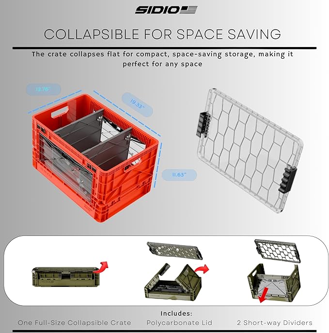 SIDIO Full-Size Collapsible Crate - Heavy Duty Stackable Storage Bin with Lid & 2 Short-Ways Dividers, Durable Plastic Organizer for Home, Office, Garage & Outdoor Use (Slime)