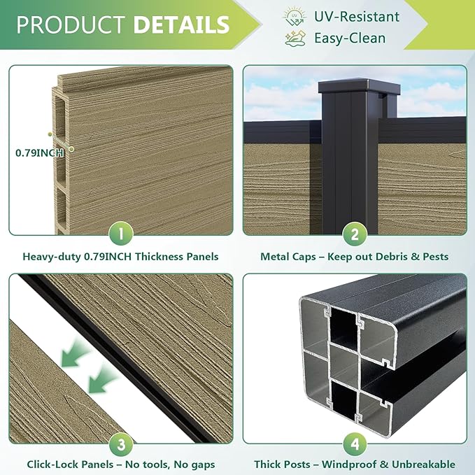 Mondaria Fence Privacy Screen with 8ft In-ground Posts, 6ft(H) x 6ft(W) Wood Plastic Composite Fence Panels Weather-Resistant Outdoor Fence for Backyard/Garden (Ancient Wood, 1 Post)