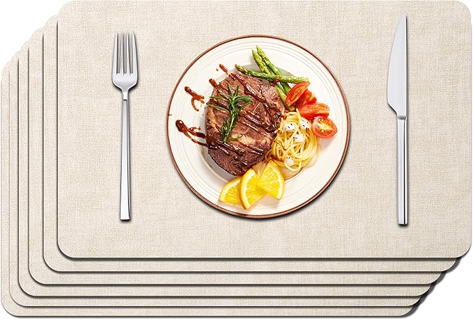 Maxpearl Faux Leather Placemats Set of 6 - Waterproof - Wipe Clean - Heat Resistant - Anti Slip Dining Table Place Mats, Suitable for Indoor & Outdoor Use, 17’’×12’’, Beige