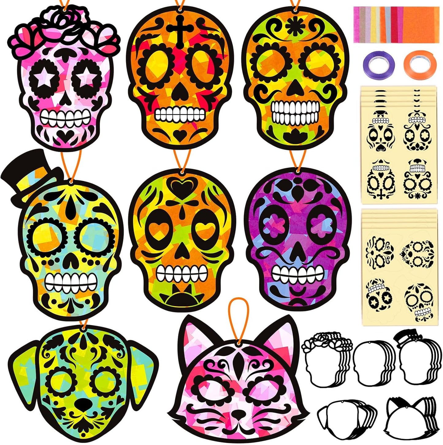 Renbuzhu 36PCS Dia De Los Muertos Crafts Bulk: Sugar Skull Paper Suncatchers DIY Kit for Day of The Dead Halloween Party Activities Decorations, Window Stained Glass Effect Art Supplies