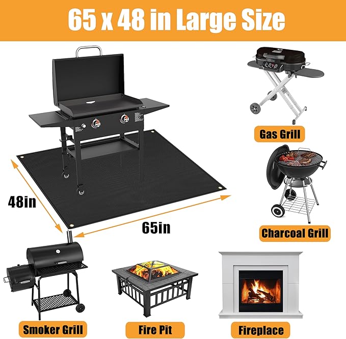 Grill Mats for Outdoor Grill - Fireproof BBQ Matt for Under grill, Gas Grills to Protect Patio and Deck, Oil-proof Griddle Accessories Compatible with Blackstone, Weber, Royal Gourmet, 65 x 48 in