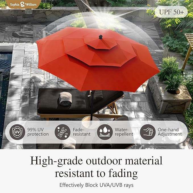 Sophia & William Metal Outdoor Patio Dining Set 6 PCS with 10ft 3 Tier Auto-tilt Umbrella(Orange Red), 4 x Metal Outdoor Chairs, 1 x Square 37"x 37" Dining Table and 1 Patio Umbrella