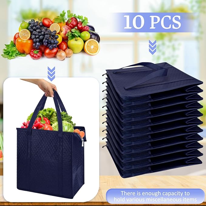 10 Pack Large Insulated Grocery Bags Reusable Shopping Bags with Zippered Top 13 x 12 x 7 Inch Thermal Cooler Totes Bulk with Handles for Hot Cold Food Delivery Refrigerator(Navy Blue)
