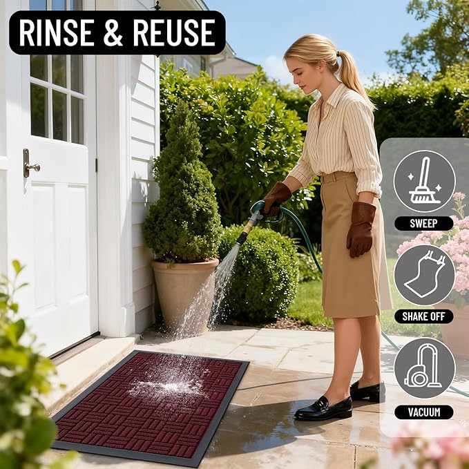OLANLY Front Door Mat Outside Entrance 29.5x17, Absorbent, Heavy Duty Sturdy Natural Rubber Doormat Indoor Outdoor, Non-Slip, Stain and Fade Resistant, Low Profile Floor Mat for Entryway, Burgundy