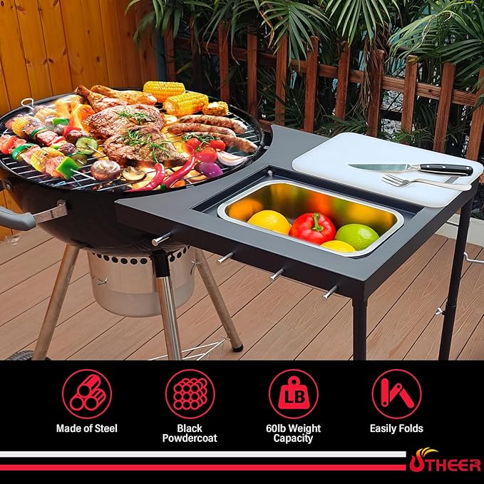 All-in-One Grill Table for Weber Kettle 22"/18"/26" & Smokey Mountain, Recteq Pellet Grill RT-B380, Prep Station with Cutting Board, Basin, 4 Hooks, Heavy-Duty Steel Side Shelf for Outdoor Cooking