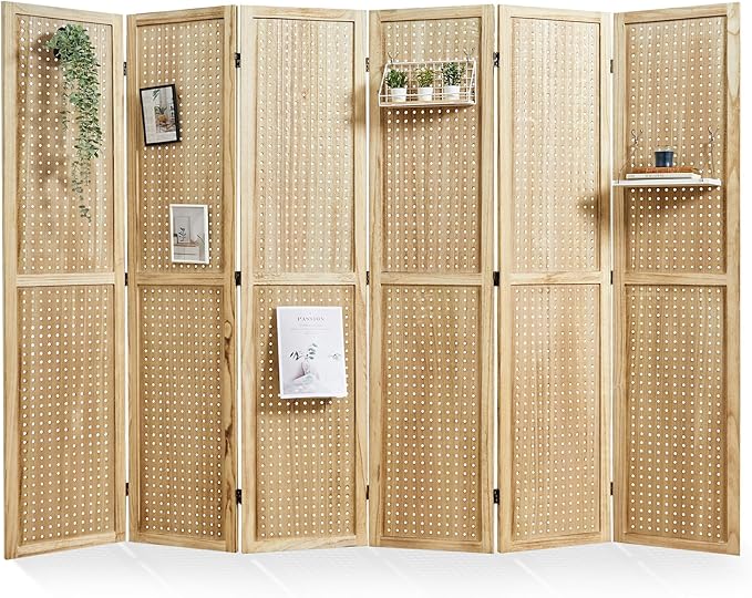 Pegboard Display, 5.6Ft Portable Freestanding Wall Organizer Wooden Room Divider Folding Privacy Screens for Craft Art Display Board (6panels, Natural)
