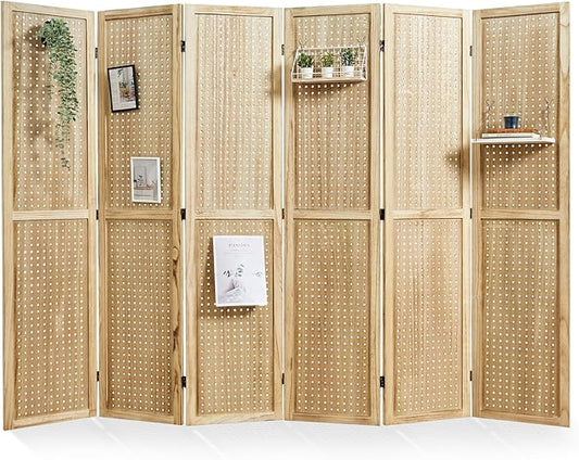 Pegboard Display, 5.6Ft Portable Freestanding Wall Organizer Wooden Room Divider Folding Privacy Screens for Craft Art Display Board (6panels, Natural)